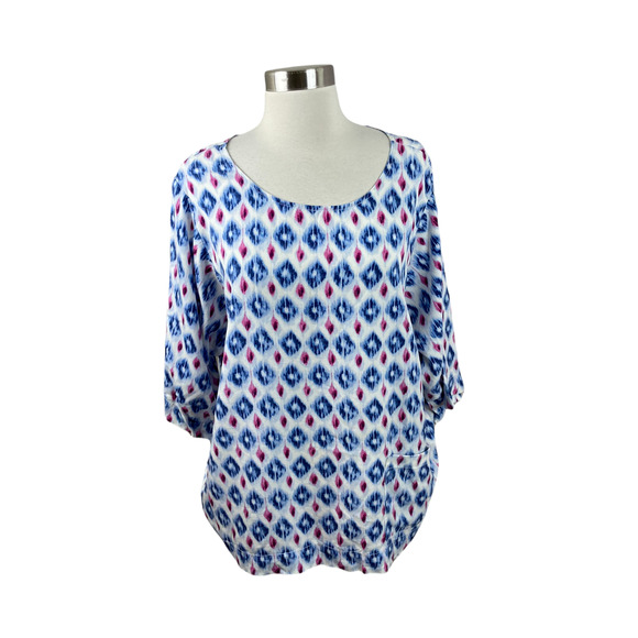 Pure Jill J. Jill Blue Purple Ikat Watercolor Tencel Boxy Pocket Top - Picture 1 of 3